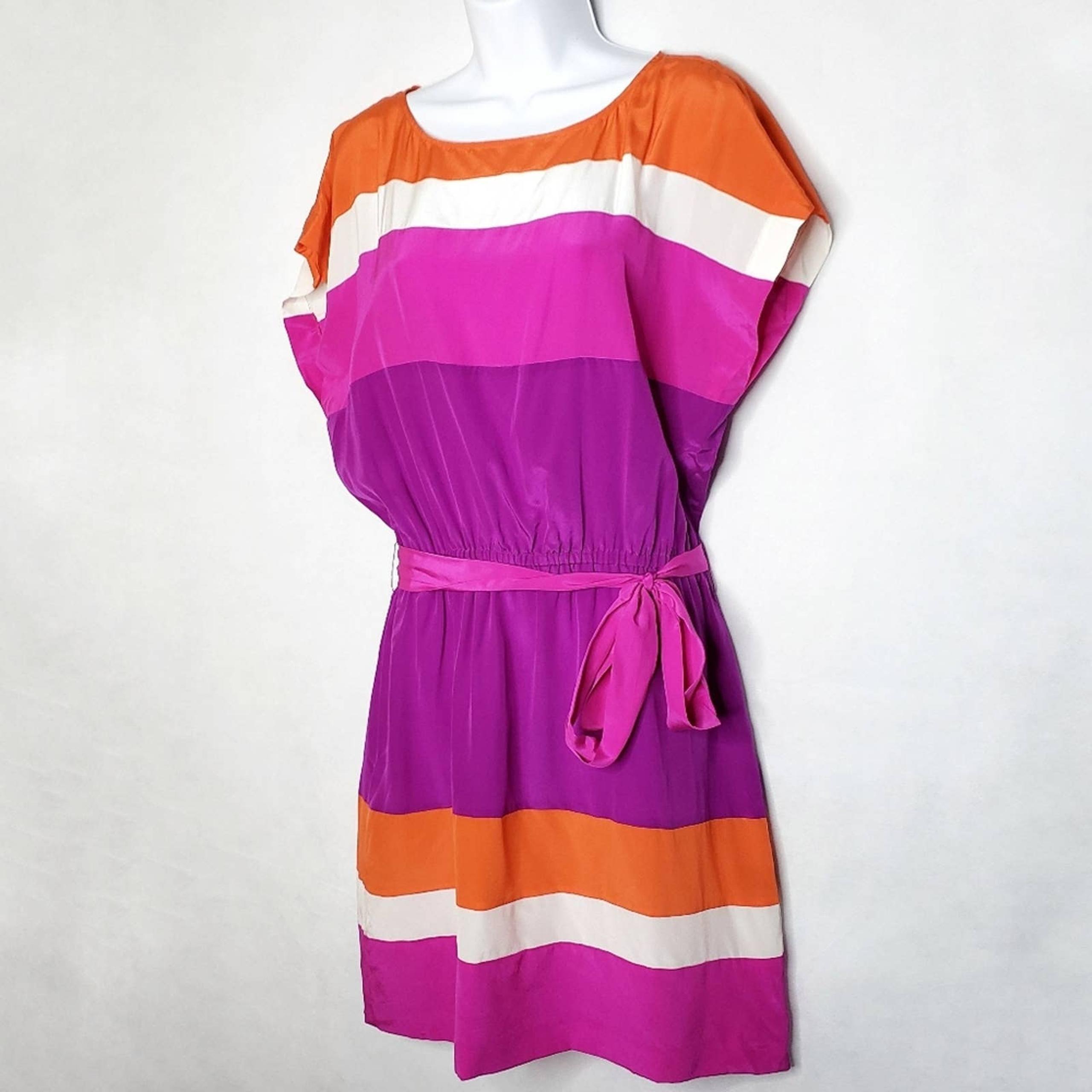 Julie Dillon Color Block Striped 100% Silk Dress Sleeveless Tie Sash Size 10