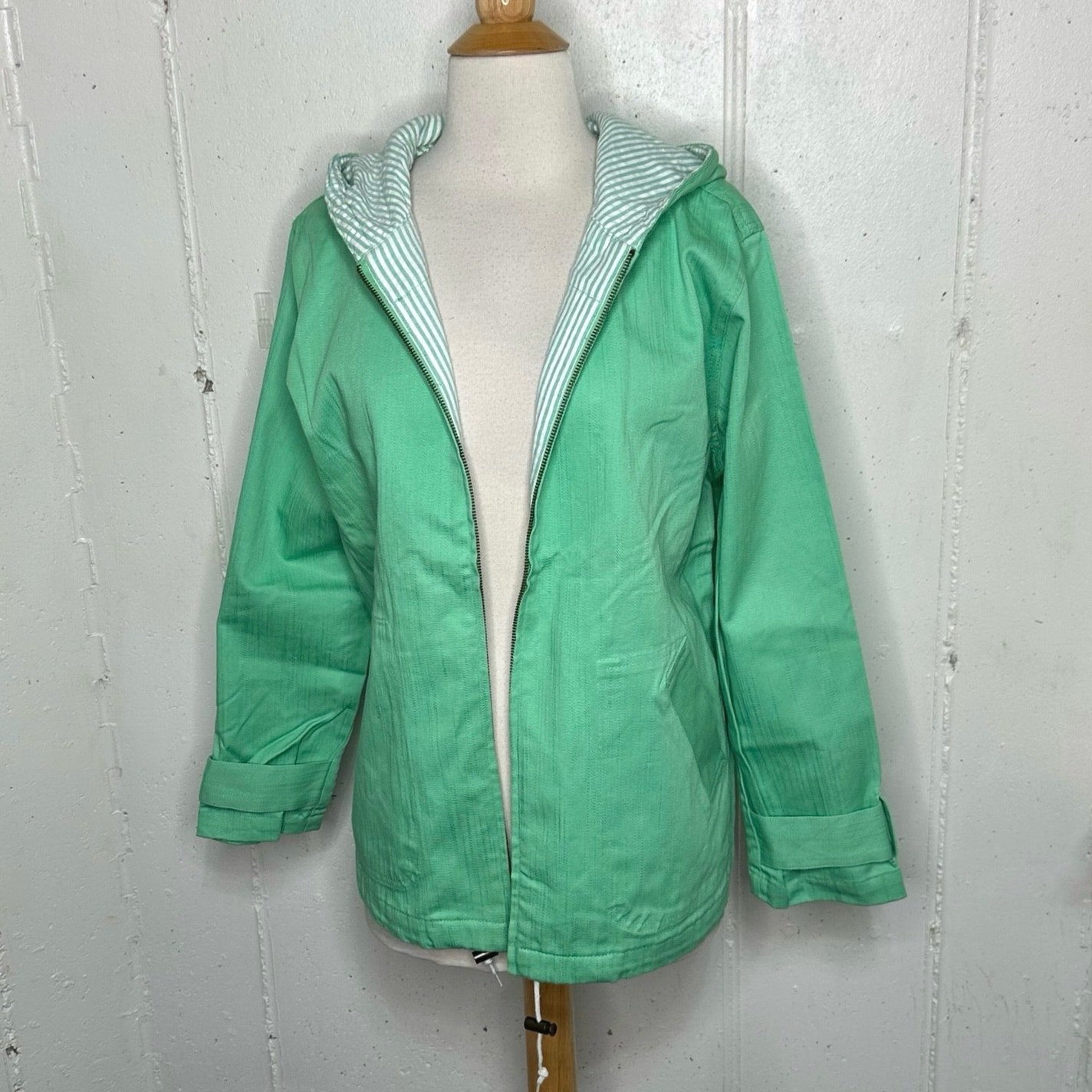Denim & Co. women's M mint green hooded jacket cotton front zip pockets