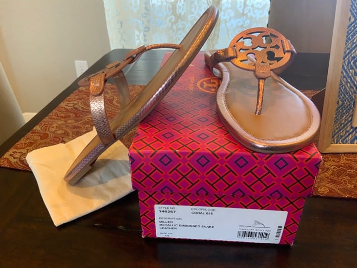 Tory Burch Miller Metallic Embossed snake in Coral ,Size 11, BNIB,MSRP198, HTF