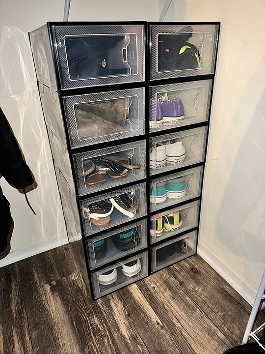 Large 12 Pack Shoe Storage Box, Clear Plastic Stackable Shoe Organizer