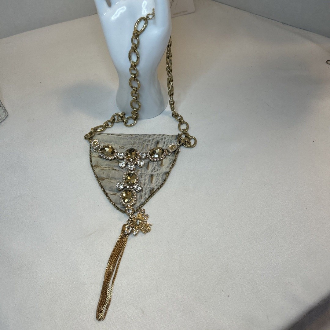 Leather Reptile Crock necklace Beige Gold Rhinestones Bee Chain Tassel Handmade