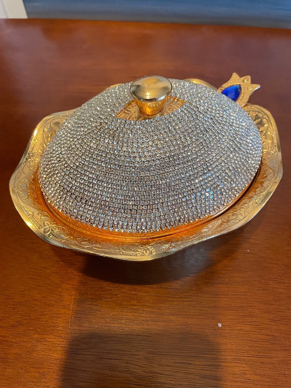 Vintage Sena golden serving bowl with cover