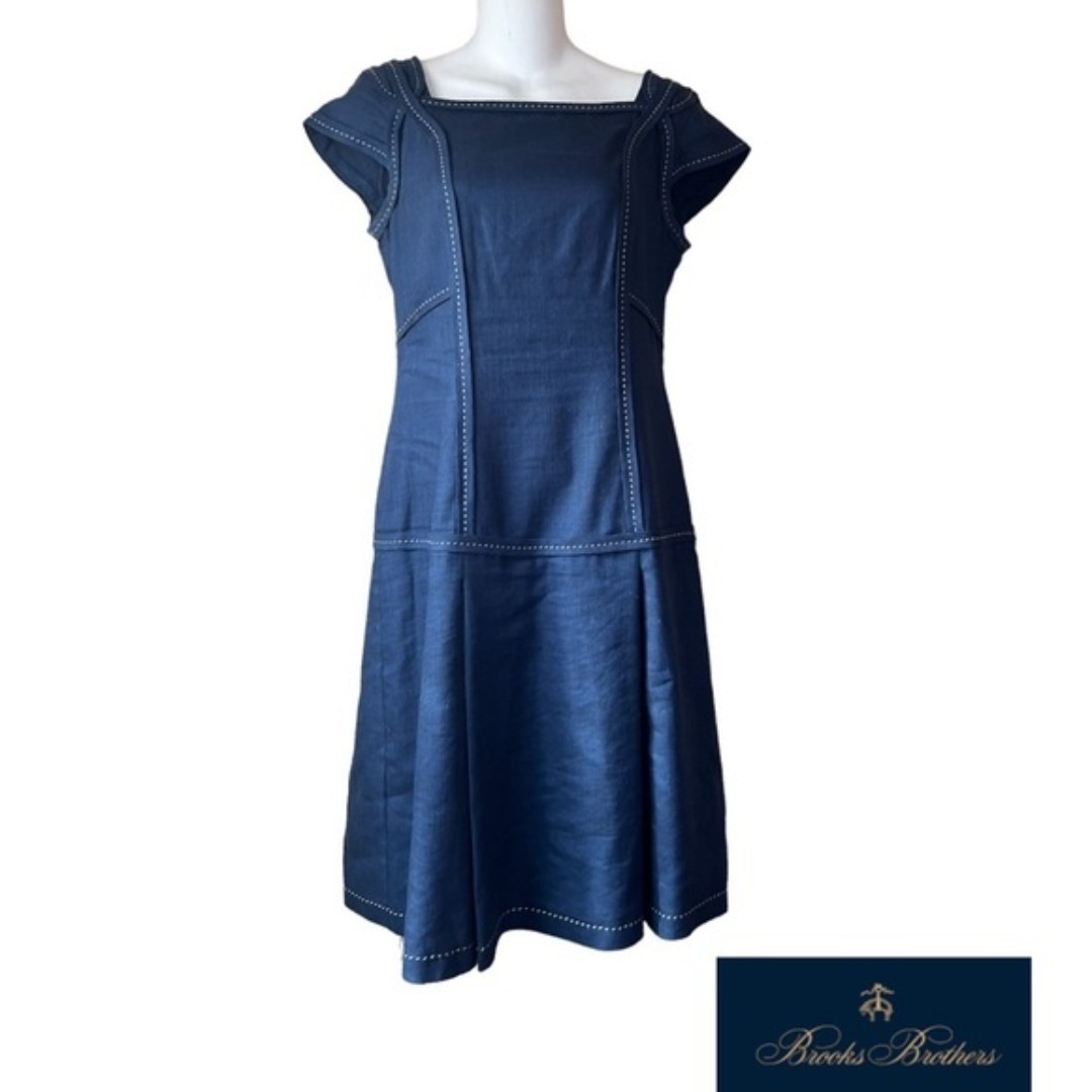 Brooks Brothers Navy Blue Contrast Stitching Wool/Linen Sheath Dress Luxury 2 XS