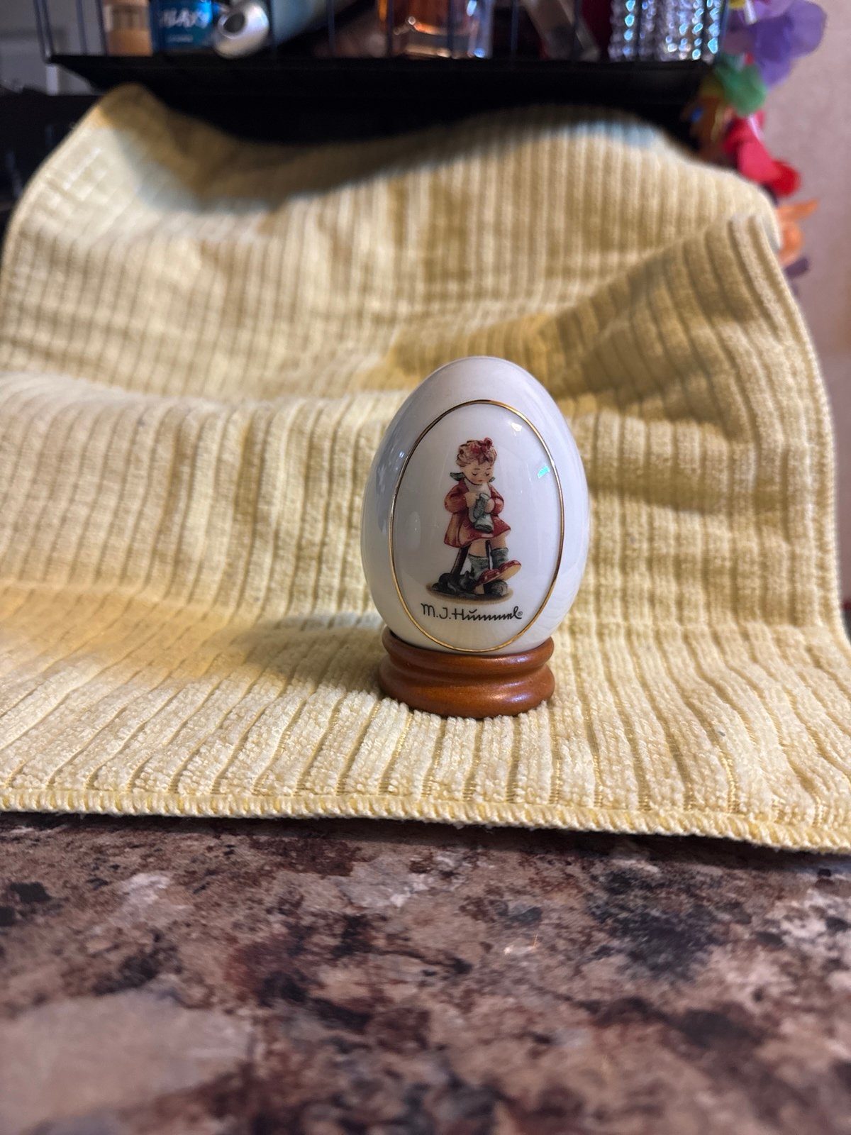 M J Hummel Authentic Mother’s Helper Collector’s Egg with Wooden stand