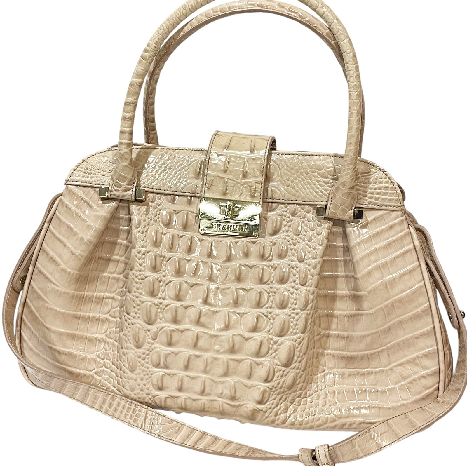 Brahmin LAURA Champagne Melbourne Croc Embossed Leather Pleated Satchel
