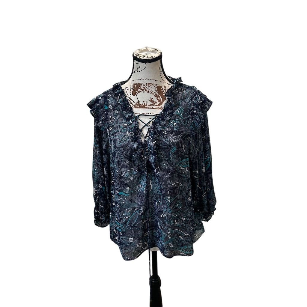 NWT Anthropologie Women's S Blue Floral Sheer Ruffle Lace-Up Tunic Blouse Summer