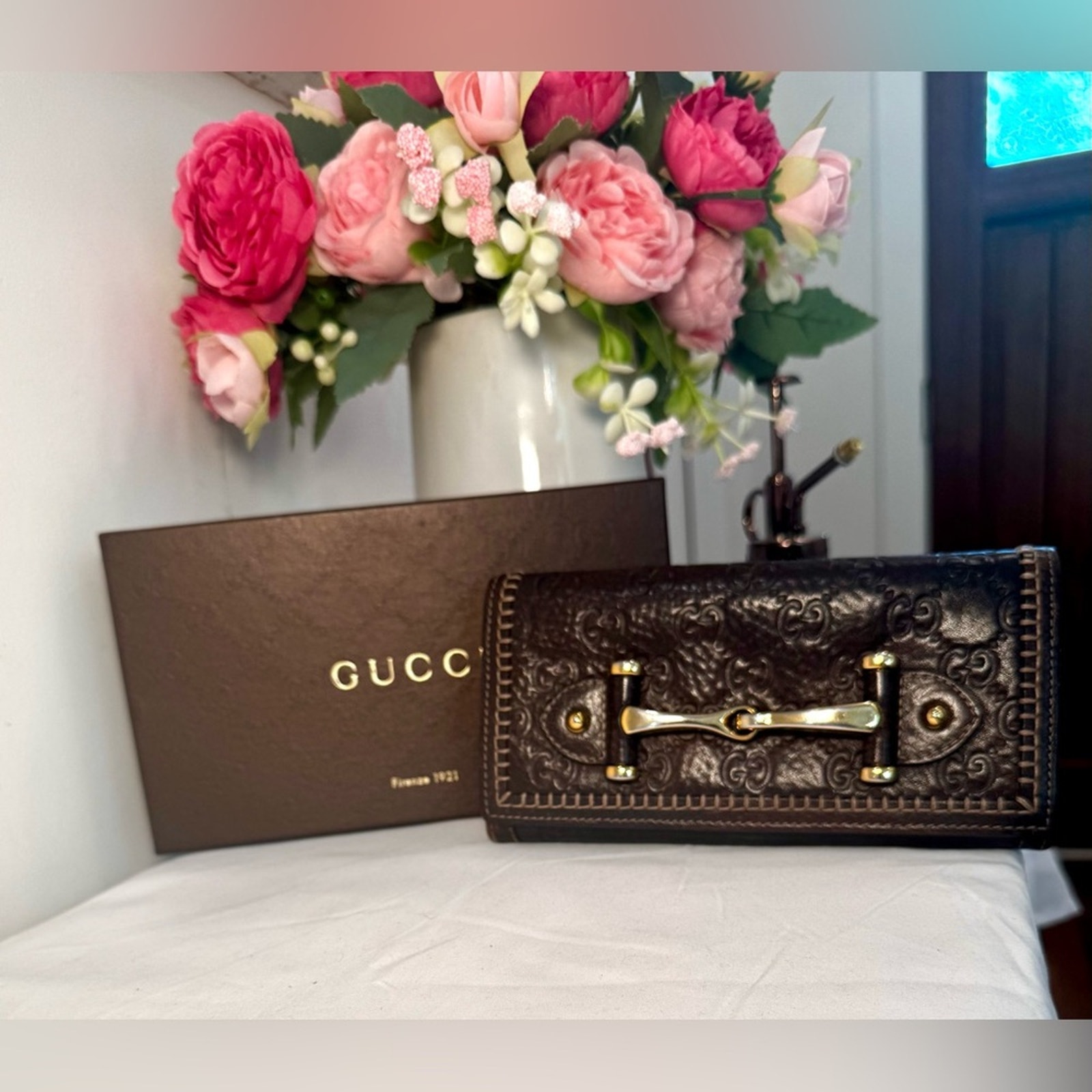Gucci Chocolate Leather Long Wallet with Gold Hardware