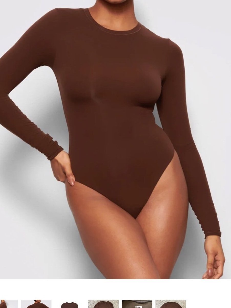 SKIMS Fits Everybody Long Sleeve Crew Neck Bodysuit | Brown | Size S