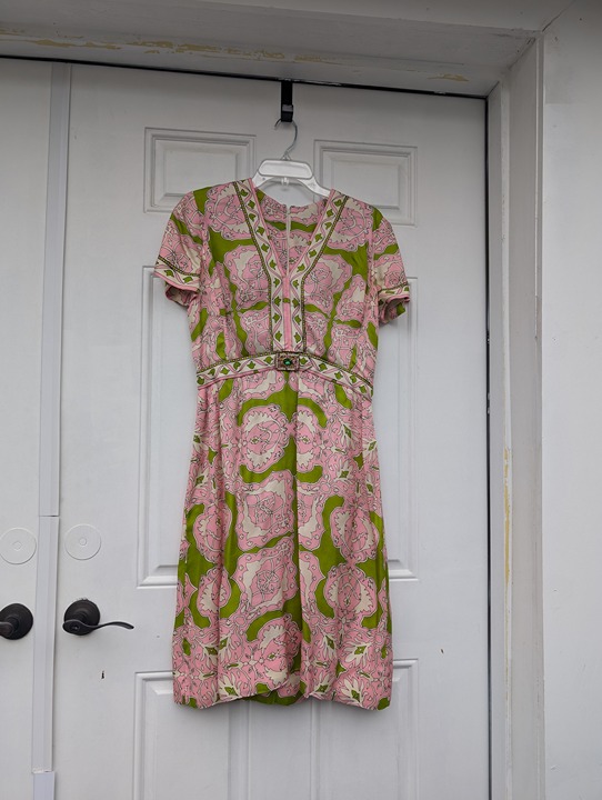 Vintage 1960s Richard Kaplan Silk Print 1960s Dress Lime Green Pink Medium