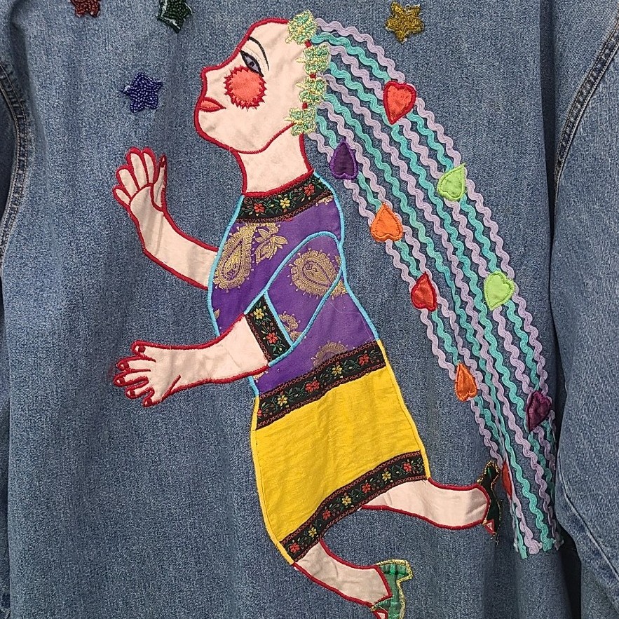 Vintage Chico's Chambray Jean Jacket with Artistic Lady Design