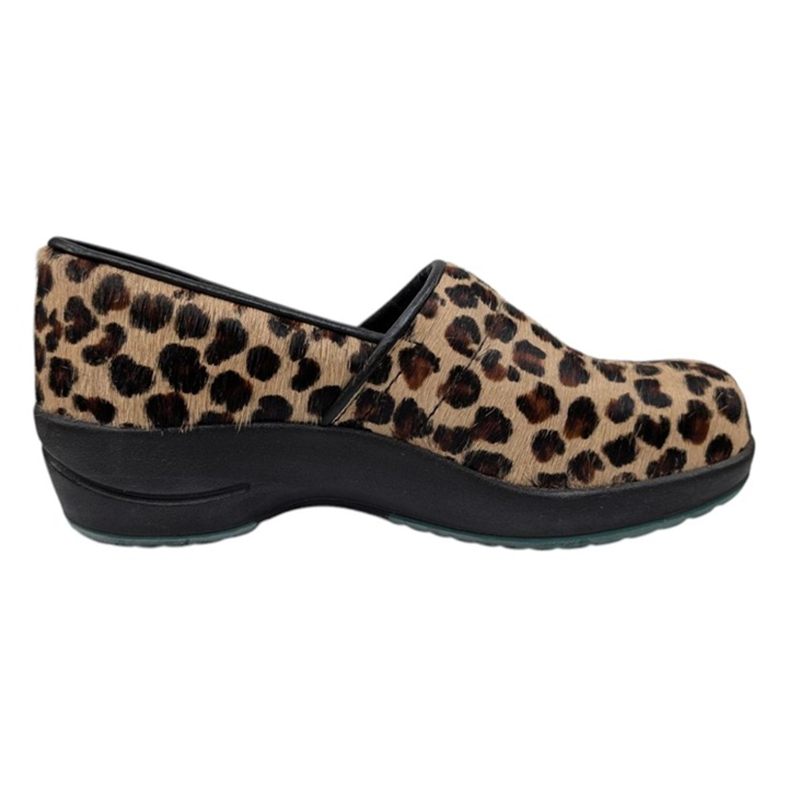 Sanita Lyon Clogs Womens Tan Black Leopard Print Fur Leather Shoes EU 35 US 5