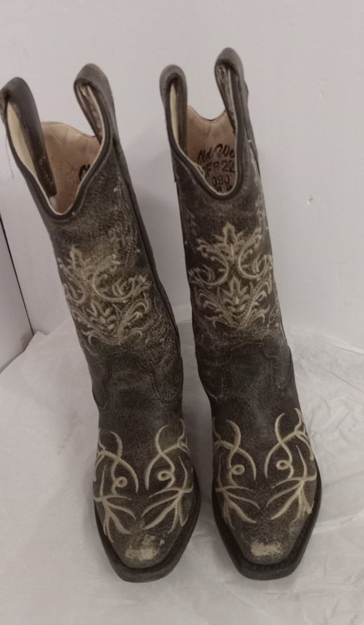 Old West Boots Girls Cowboy Distress Brown Embroidered Size 9 style cf8222