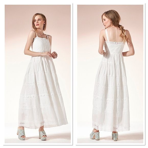 RAISSA Romantic Cottagecore Pintuck Strappy Lace Maxi dress White Size P XS NWT
