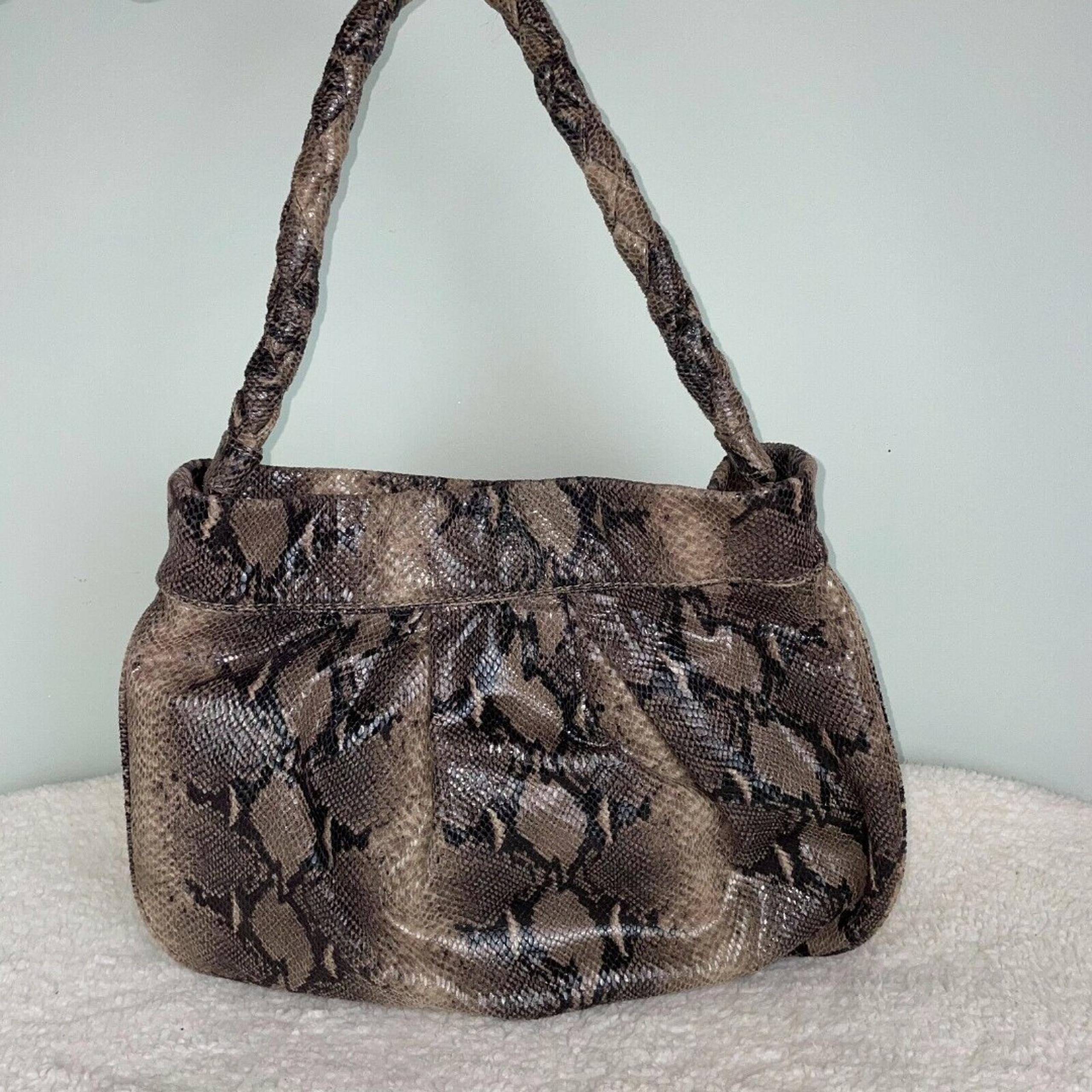 Gianni Bini Shimmer Snake Print Brown Grey Hobo Shoulder Bag Braided Handle EUC