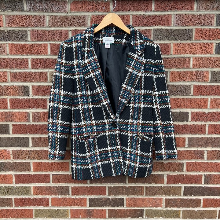 Worthington Black and Multicolored Plaid Tweed Blazer Coat