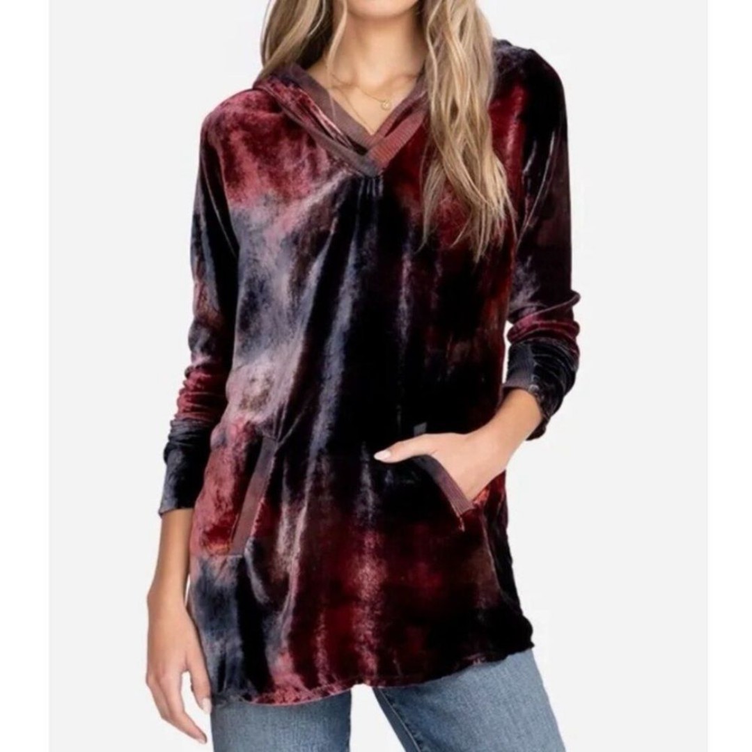 Johnny Was Pete & Greta Bersin Red & Blue Ombré Velvet Silk Pullover Hoodie XL