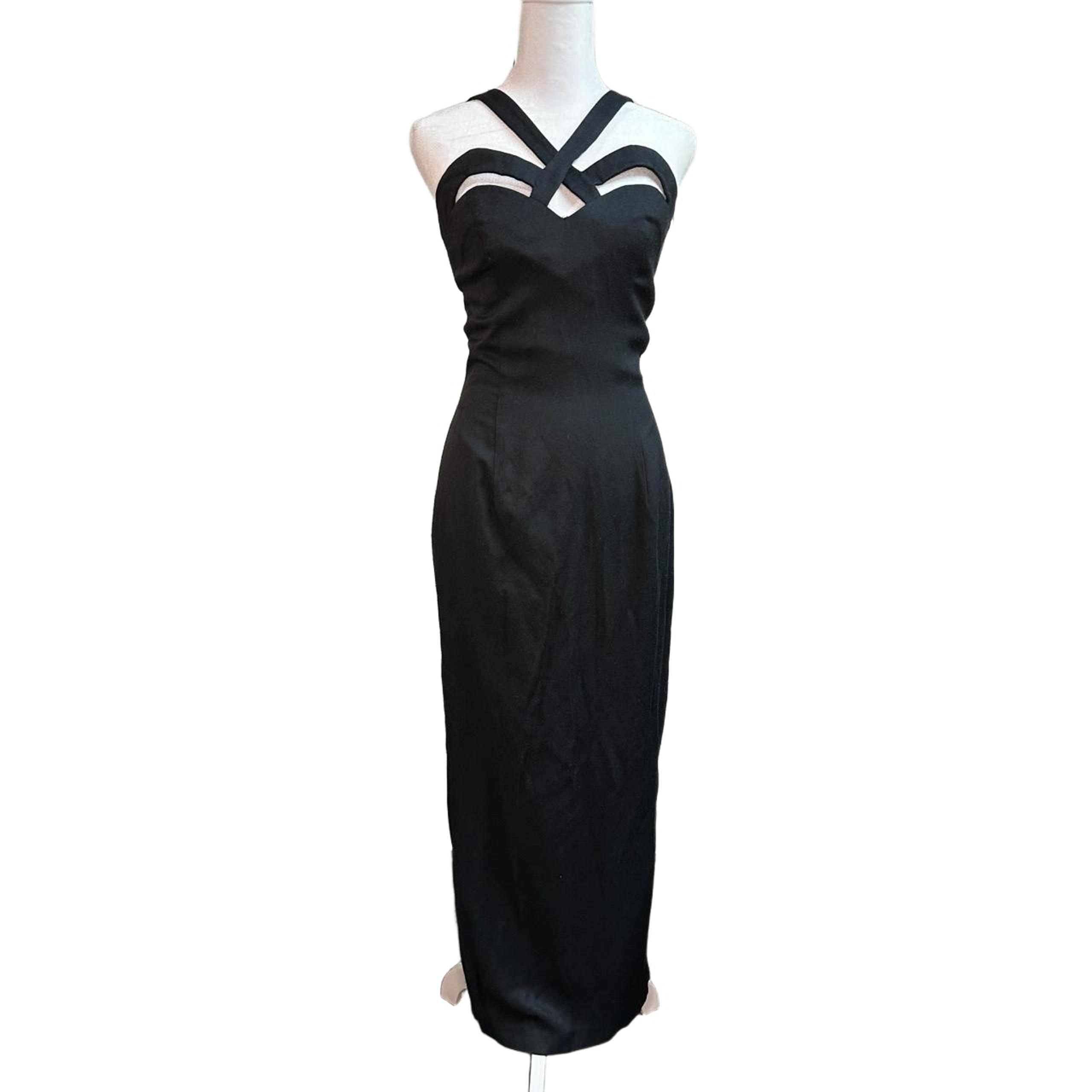 Vtg Roberta Women's Small Dress Black Halter Cutout FloorLength Crossover Straps