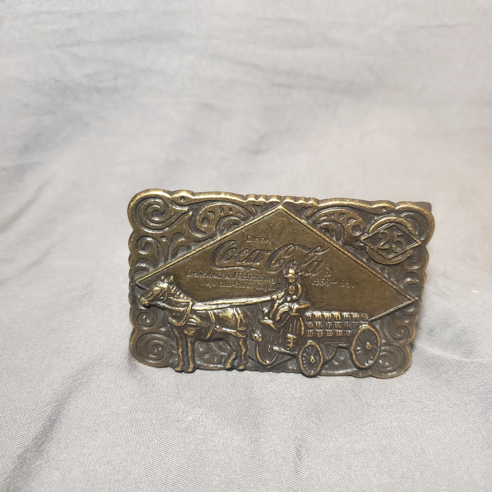 Vtg Coca-Cola 3 x 2 Belt Buckle 25th Anniversary 1956-1981 Bronze Tone Metal