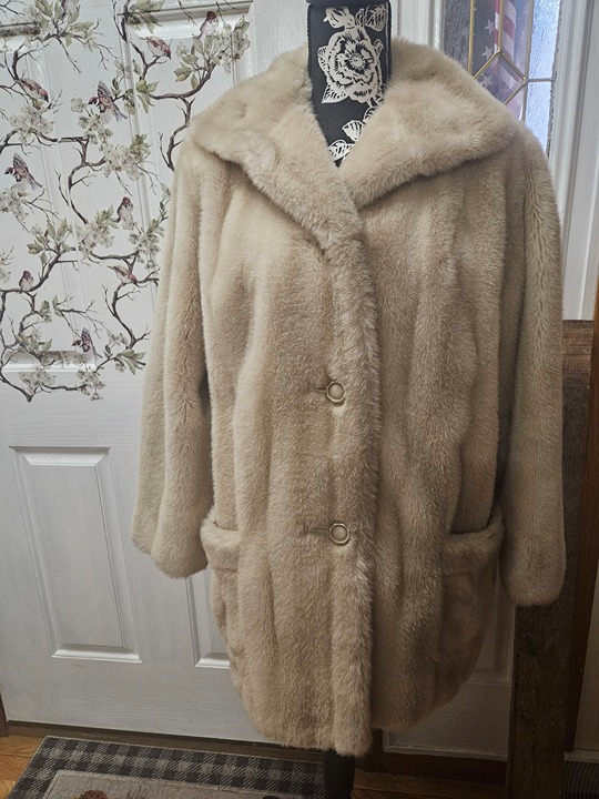 Vtg Camel Colored Mincara Faux Fur Mink Coat by Russel Taylor - 1960s Teddy Coat