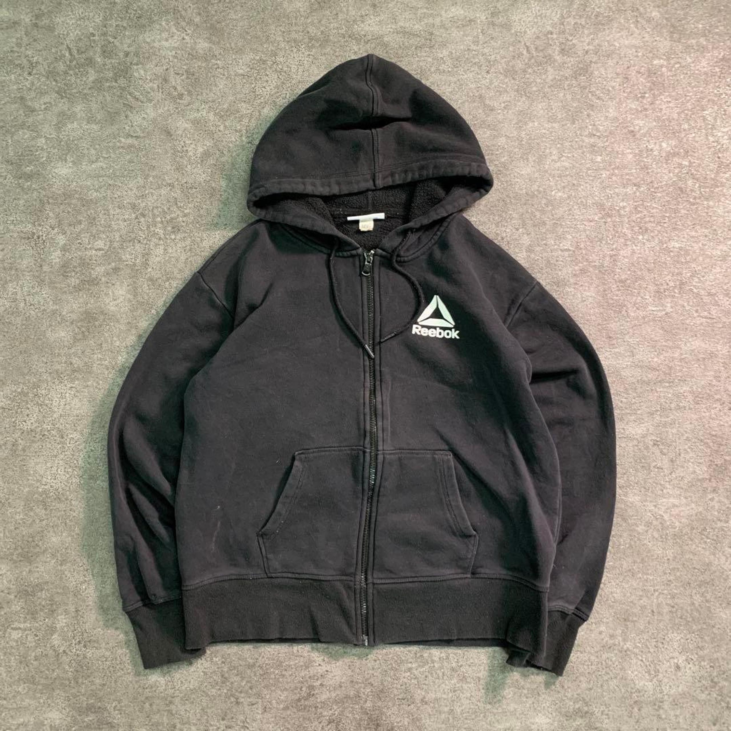 6AS9【Reebok】Zip-up Hoodie Black Logo Print Jacket Vintage