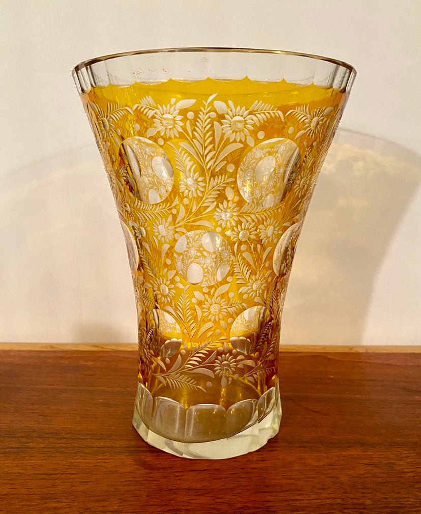 Vintage Bohemian Czech Amber Cut to Clear Etched Glass Vase With Optic Bubbles