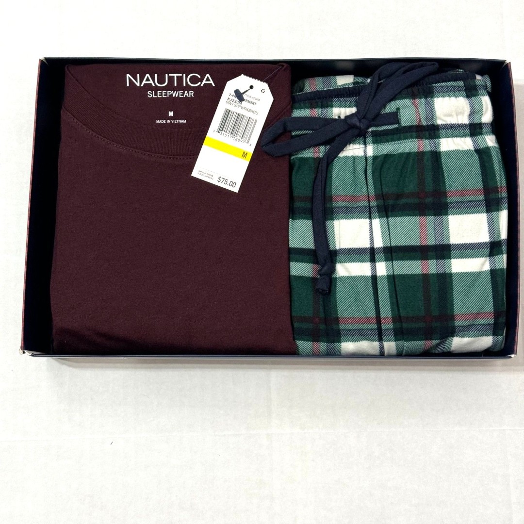 NWB Nautica Sz M Men's PJ Set Maroon/Green Multi Crew Neck Cozy Pants