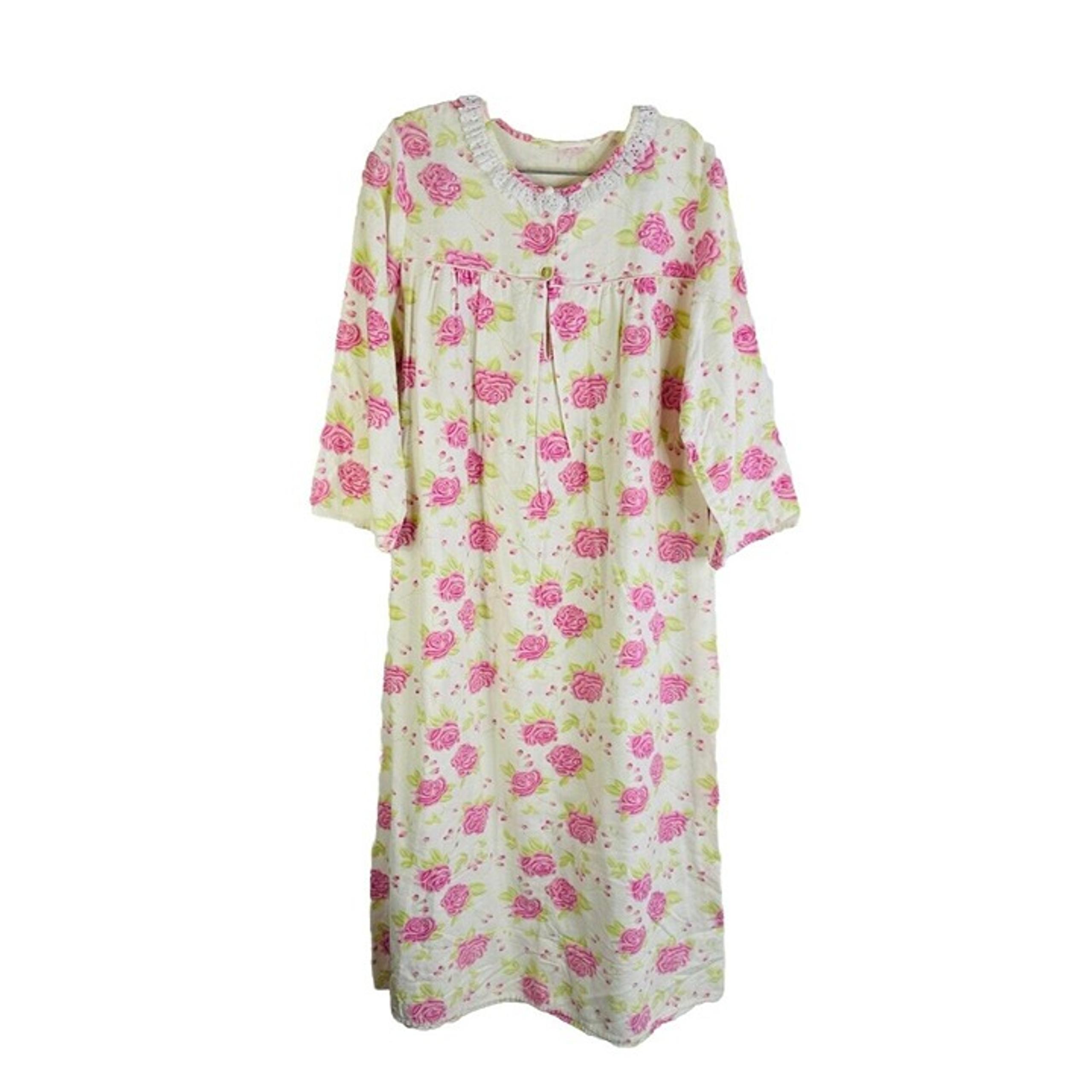 Vintage 90s Womens 2XL Rose Floral Flannel Nightgown Granny Cottagecore