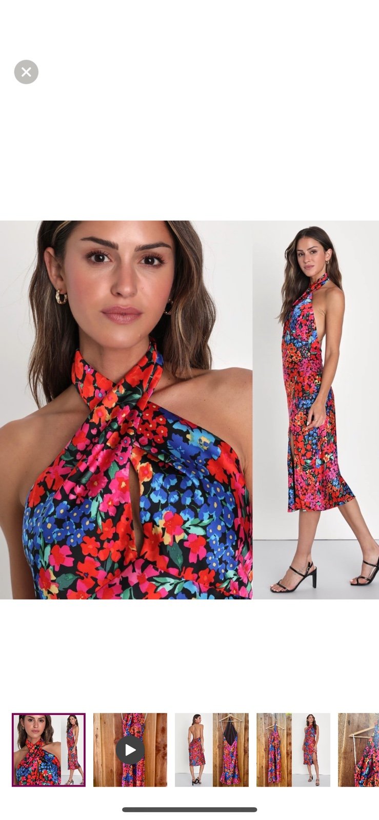 Black and Colorful Multi Floral Satin Halter Midi Dress