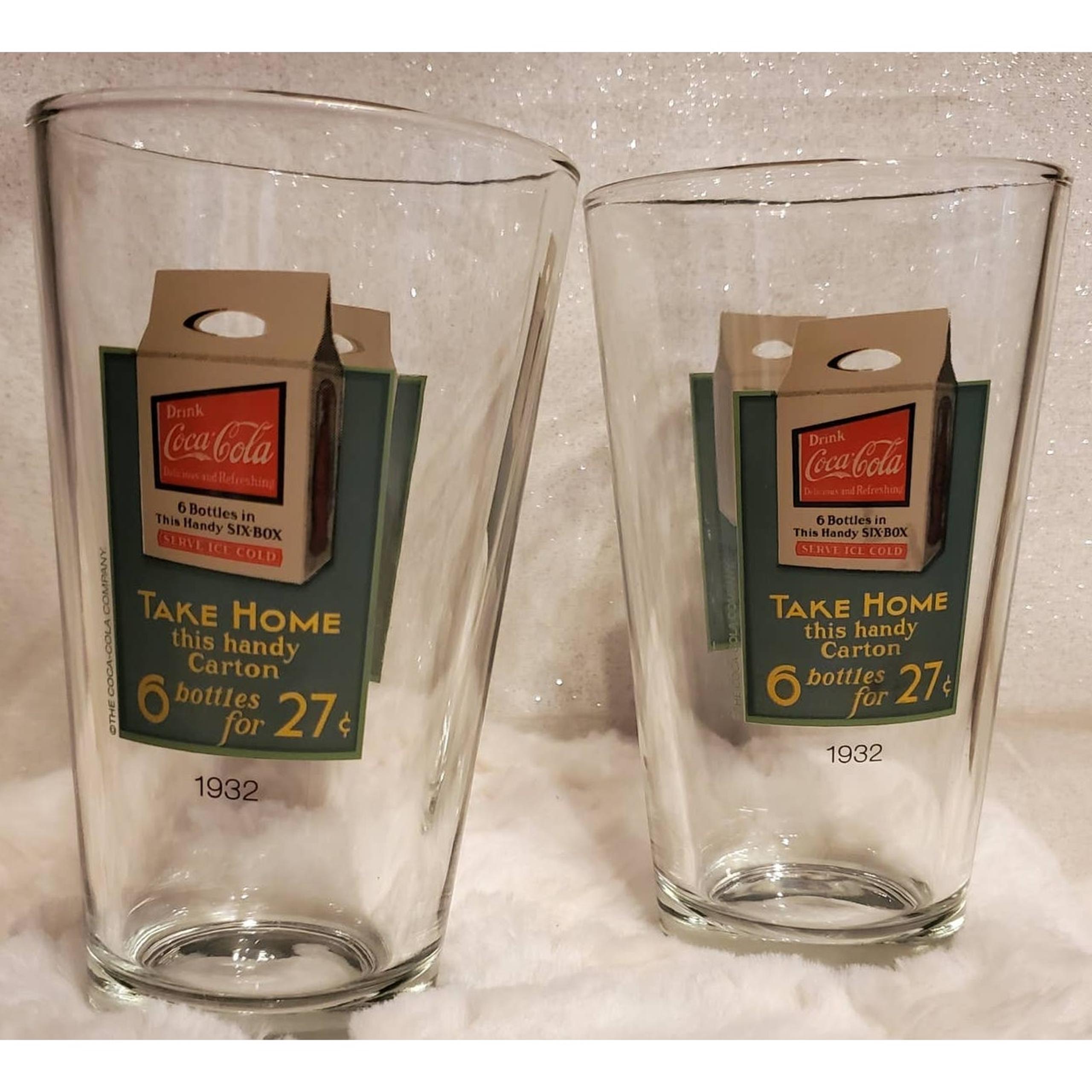 Coca-Cola Coke Set of 2 Glass Retro 1932 Take Home this Handy Carton Print 16oz