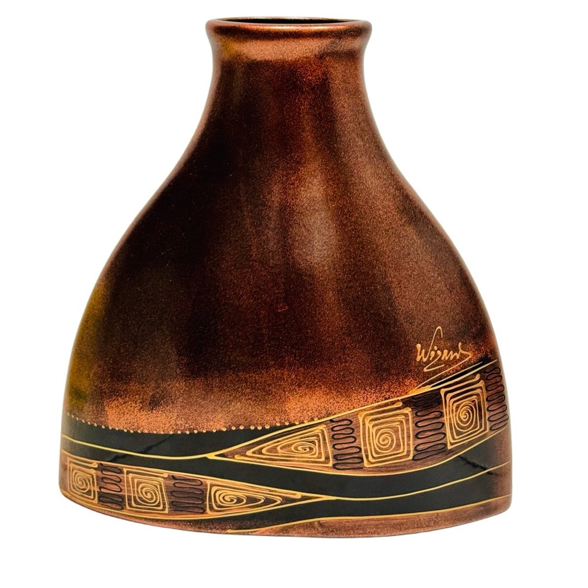 Vintage Artist-Signed Handcrafted Copper-Tone Abstract Ceramic Vase MCM