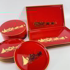 Otagiri Christmas Red Gold Horse Coach Carriage Lacquerware Set 4 Tray 6 Coaster