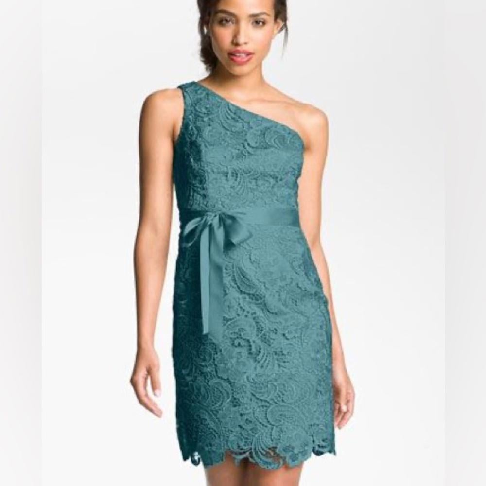 Adrianna Papell l NWT Turquoise Lace One Shoulder Sheath Dress Size 10
