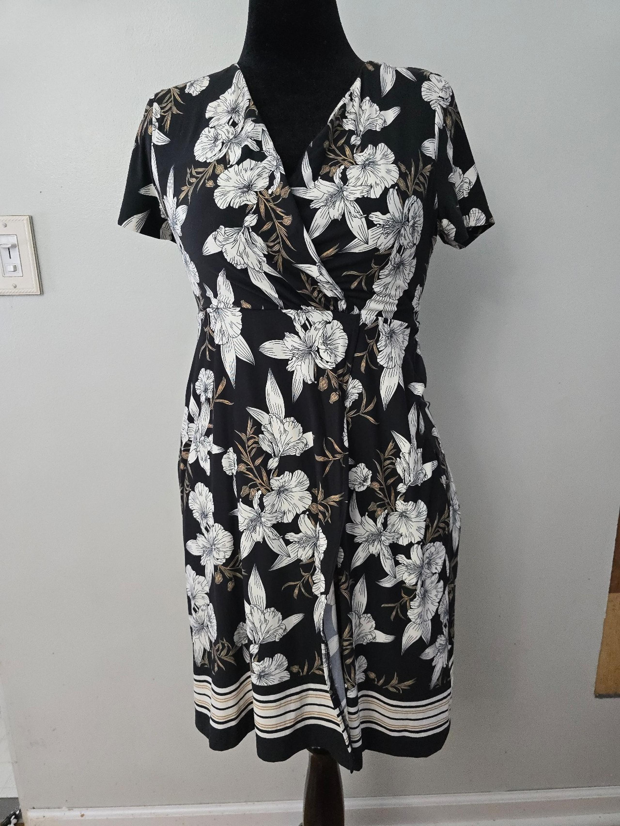 Soma Faux Wrap Dress Short Floral Lush Tropic Border Black Size Small New