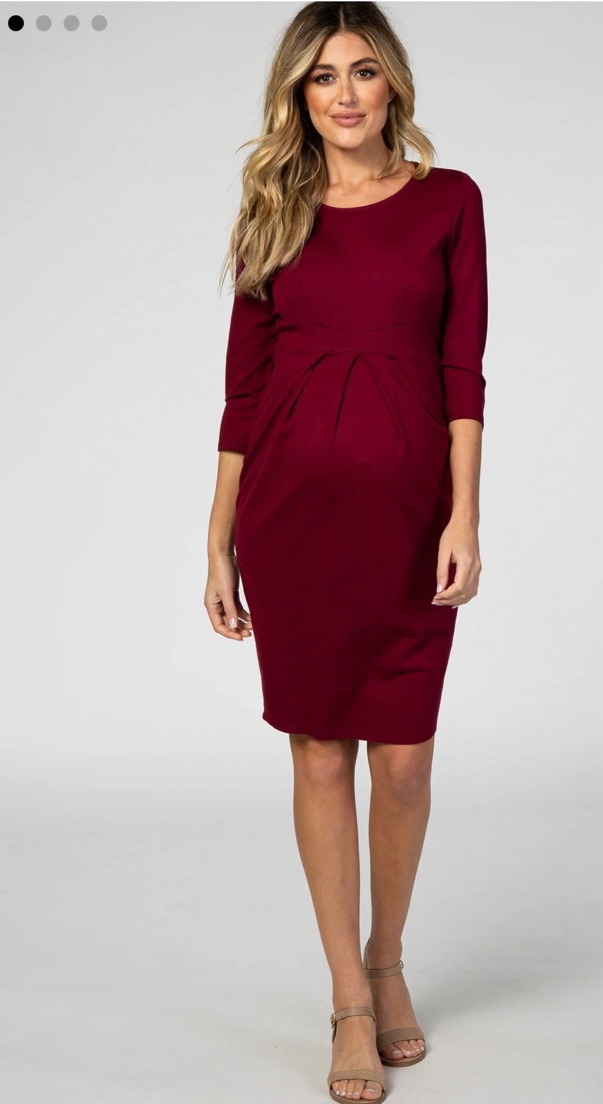 Burgundy 3/4 Sleeves Front Pleated Maternity Dress