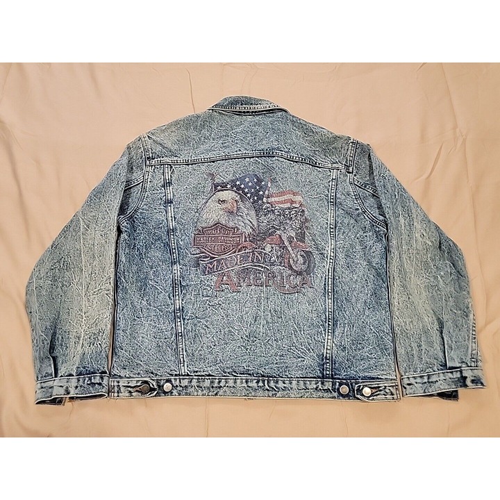 Harley Davidson Denim Jacket Eagle America Flag Motorcycle Mens XL Biker Trucker