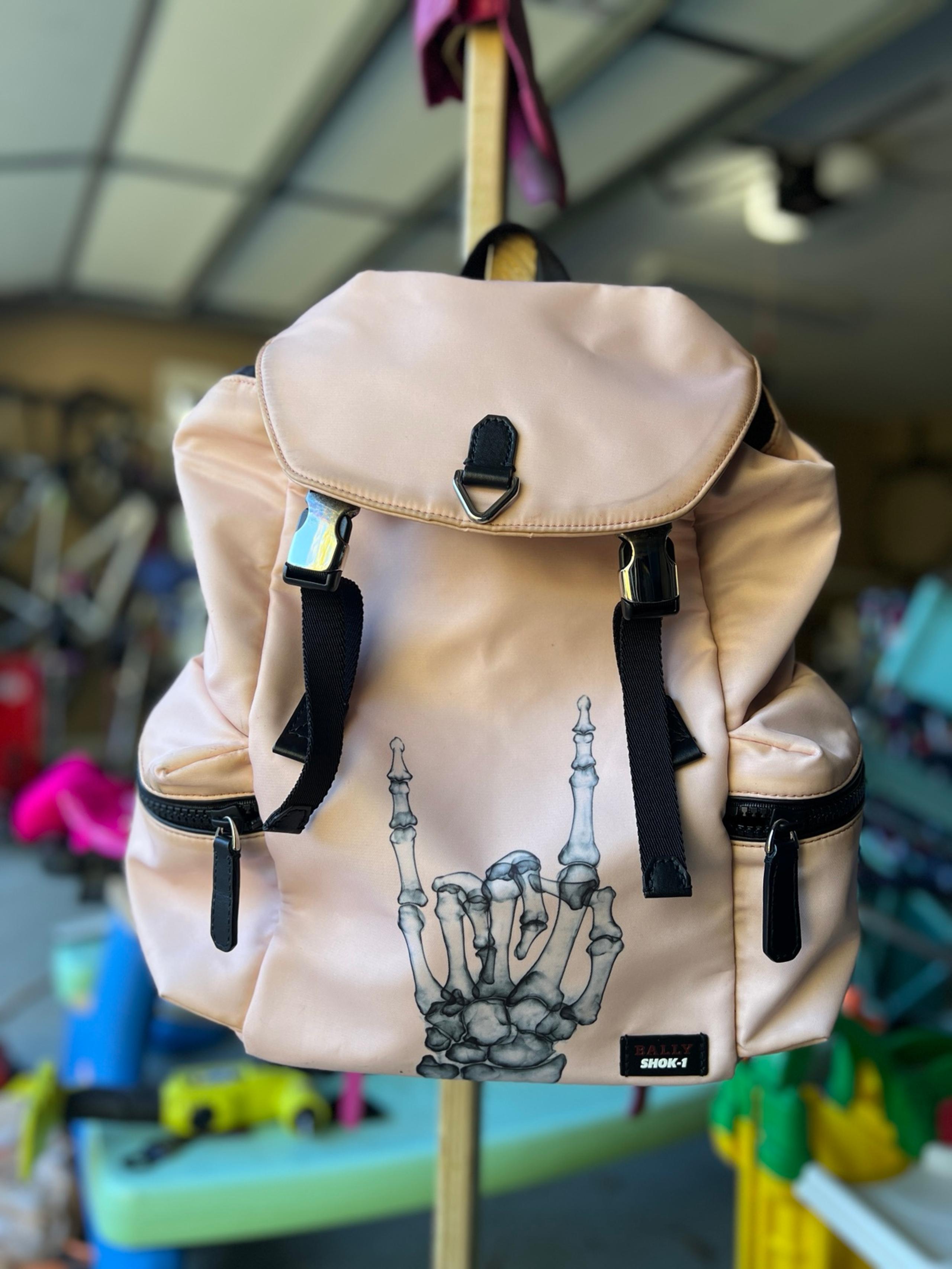 Bally SHOK-1 Leather Canvas Backpack Cream Pink Skull Work Street School Graphic