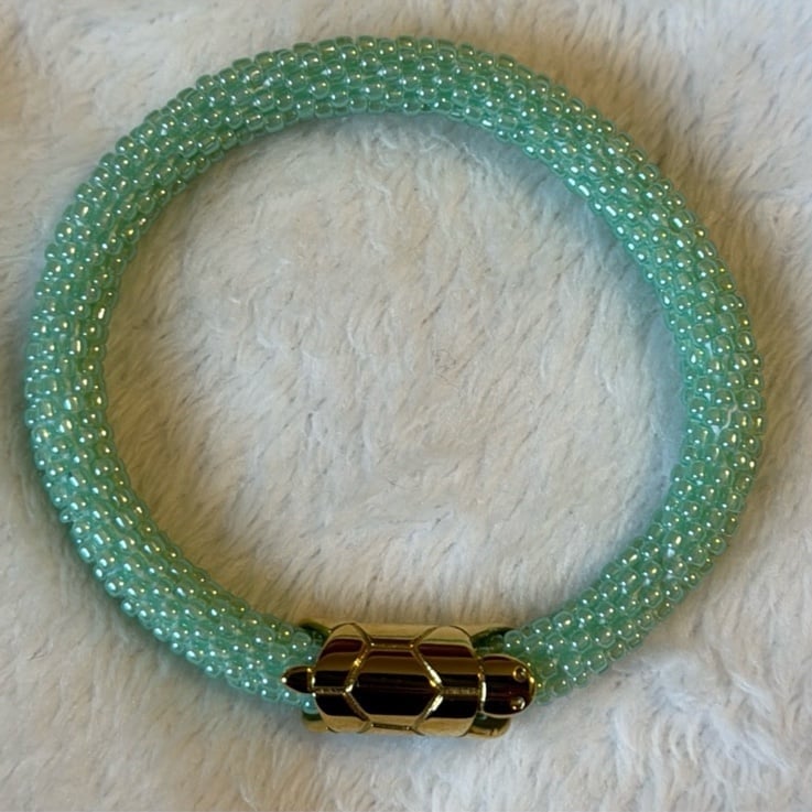 RARE Handmade Tortoise Aquamarine Glass Beaded Slip On Bracelets