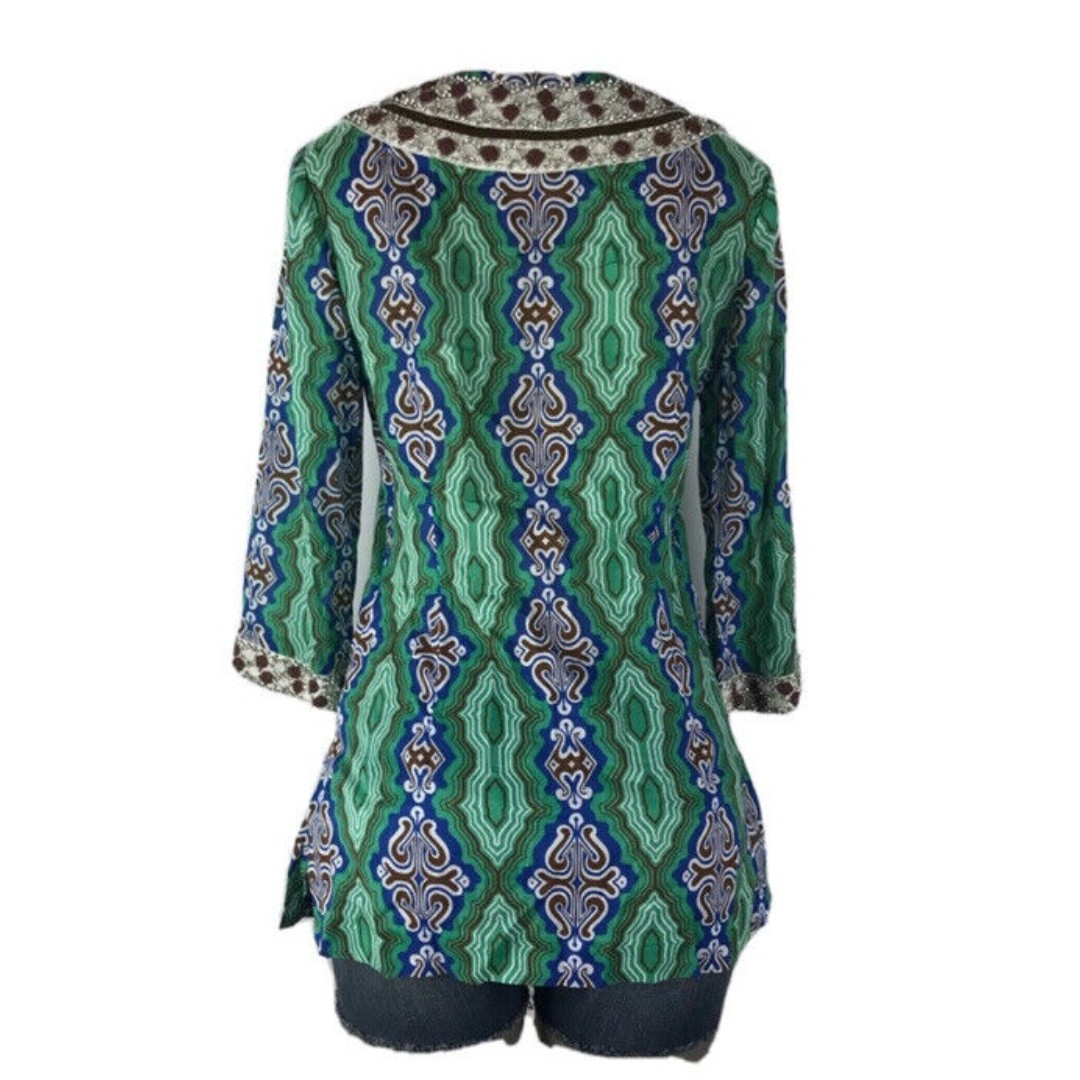 Tory Burch Green Navy Embroidered  Rhinestones Tunic Top D9TY4gk7Q