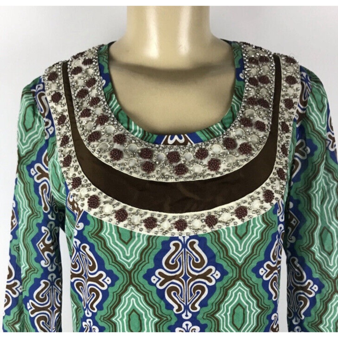 Tory Burch Green Navy Embroidered  Rhinestones Tunic Top D9TY4gk7Q