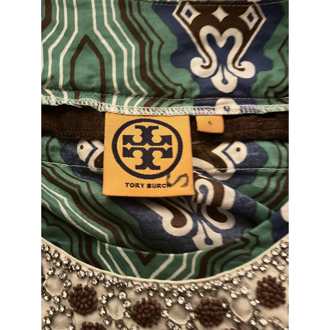 Tory Burch Green Navy Embroidered  Rhinestones Tunic Top D9TY4gk7Q