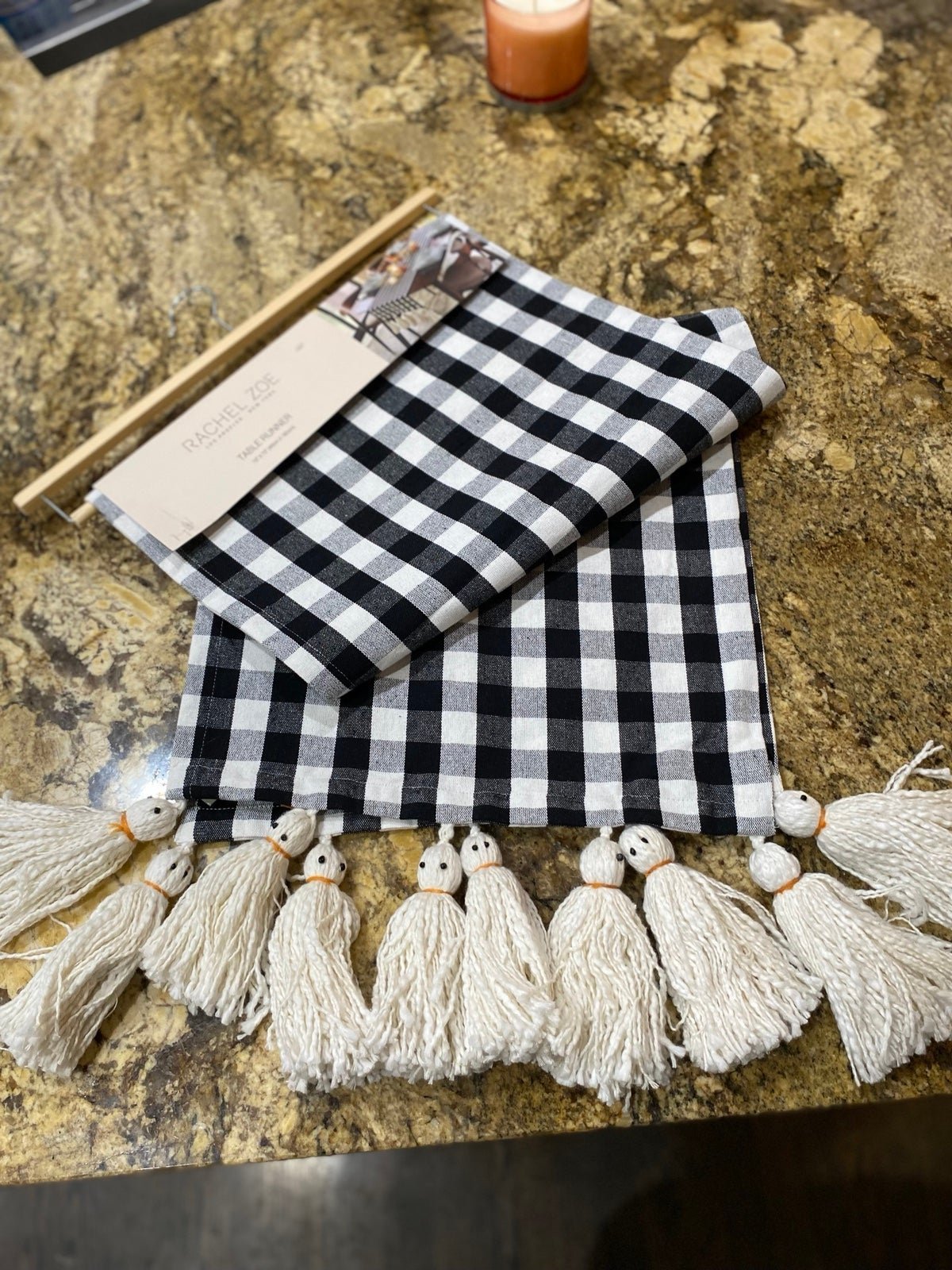 Rachel Zoe Black & White Checked Table Runner with GHOST end tassels - Brand new