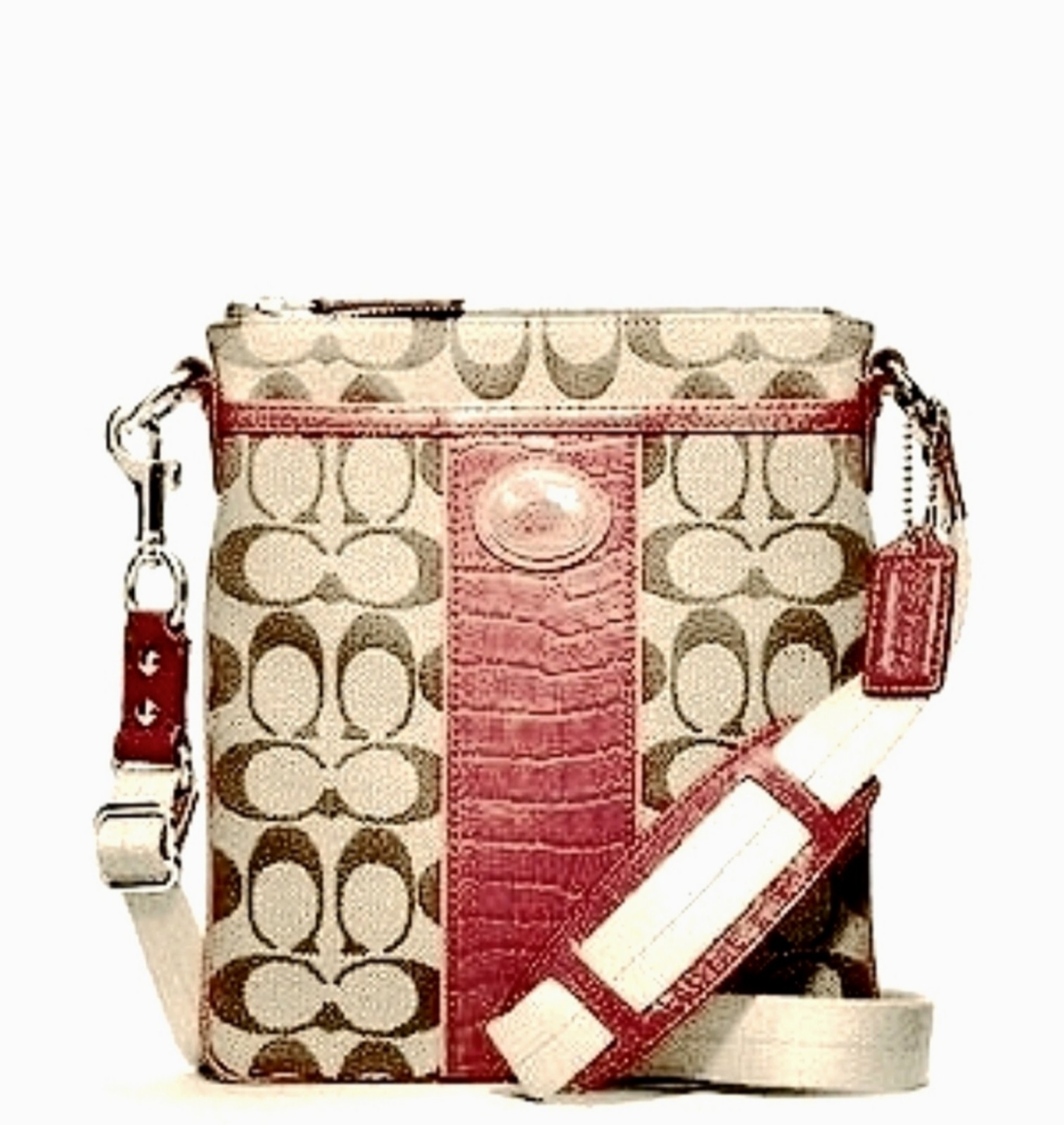 Coach Sutton Burgundy Embossed Croc Signature Stripe Swingpack Crossbody Bag