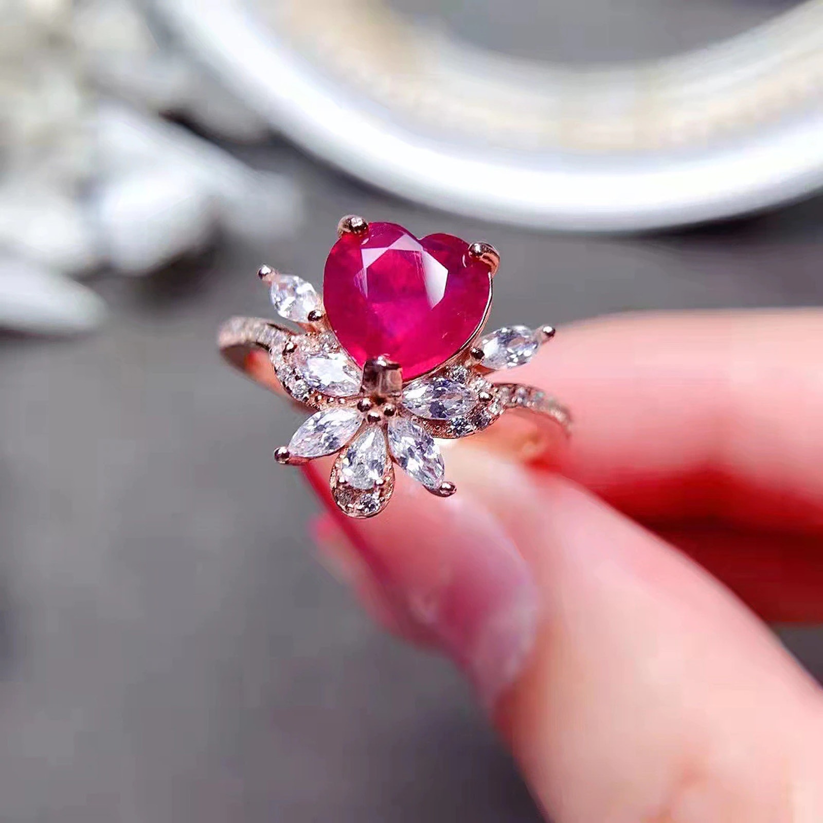 Heart Shaped Natural Ruby Ring, Ruby Heart Ring, Ruby Ring Sterling Silver