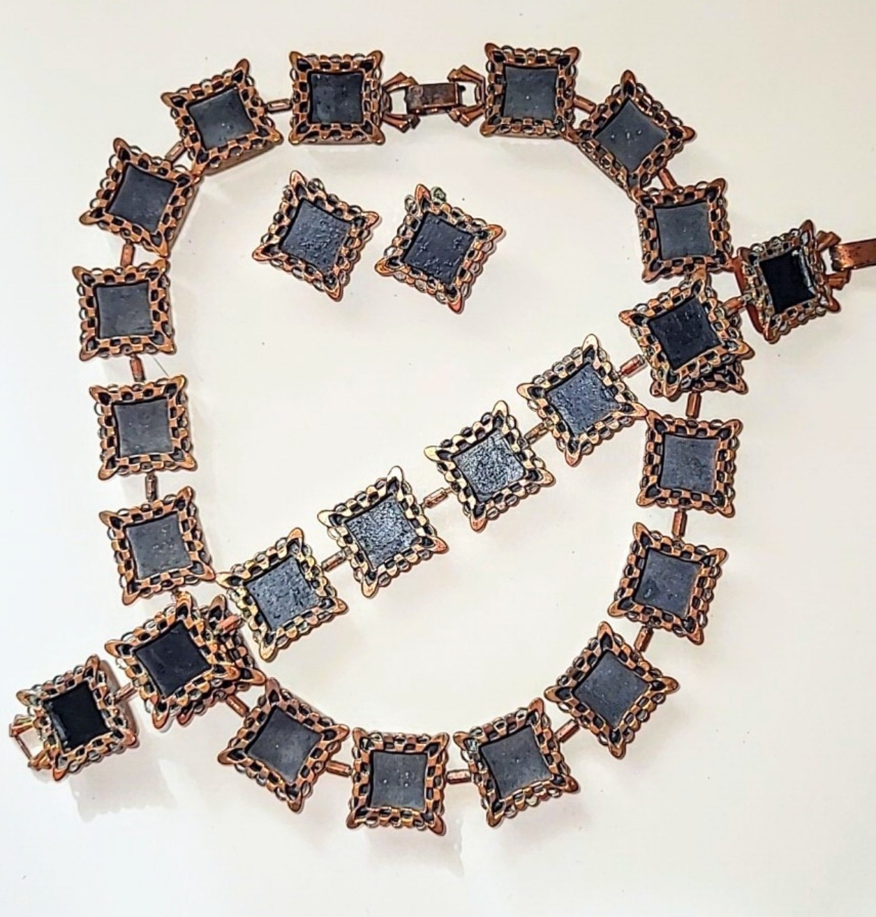 RENOIR EBONY LACE COPPER PARURE 3 PC. VINTAGE JEWELRY SET