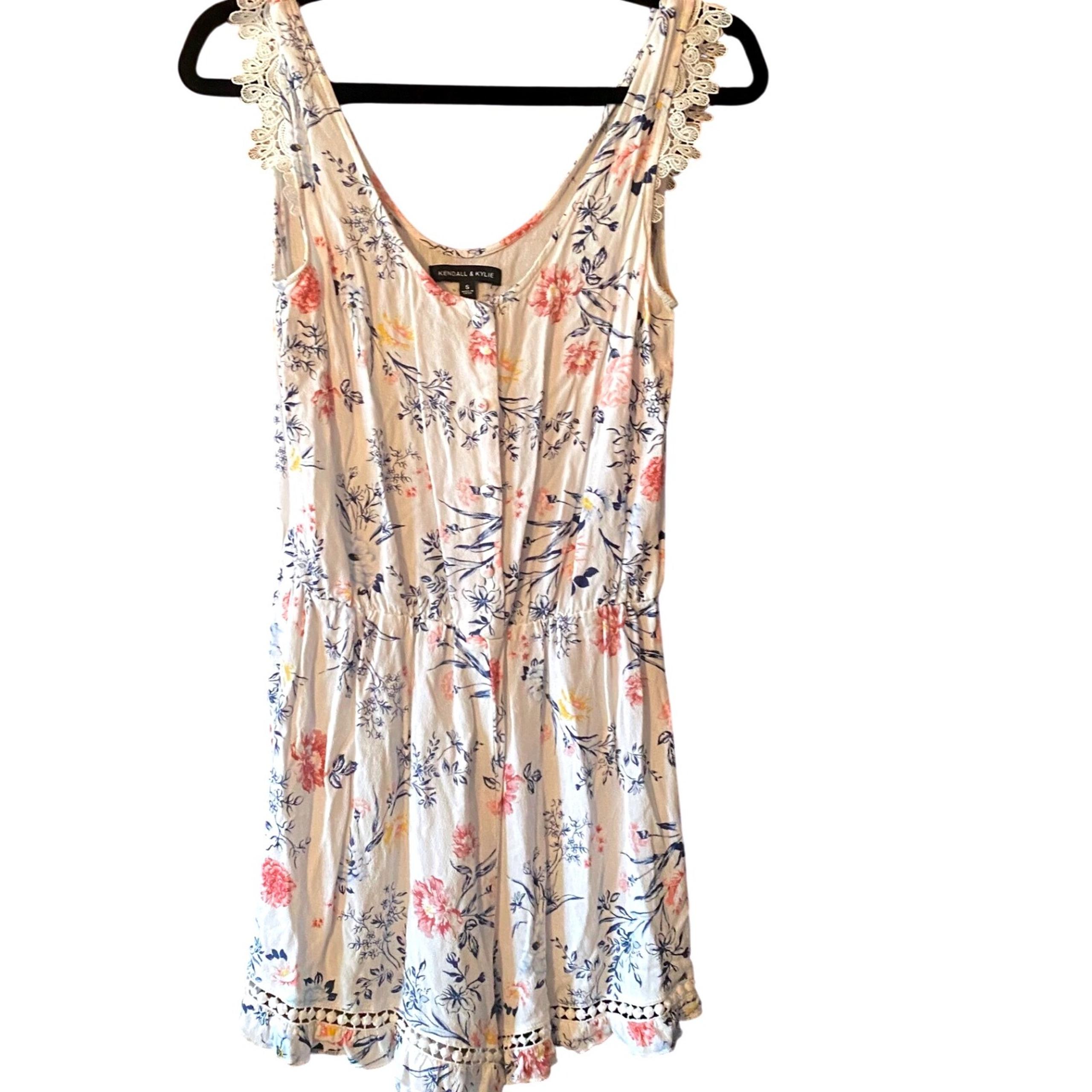 Kendall & Kylie Romper Floral Print Lace Trim Sleeveless Casual White S