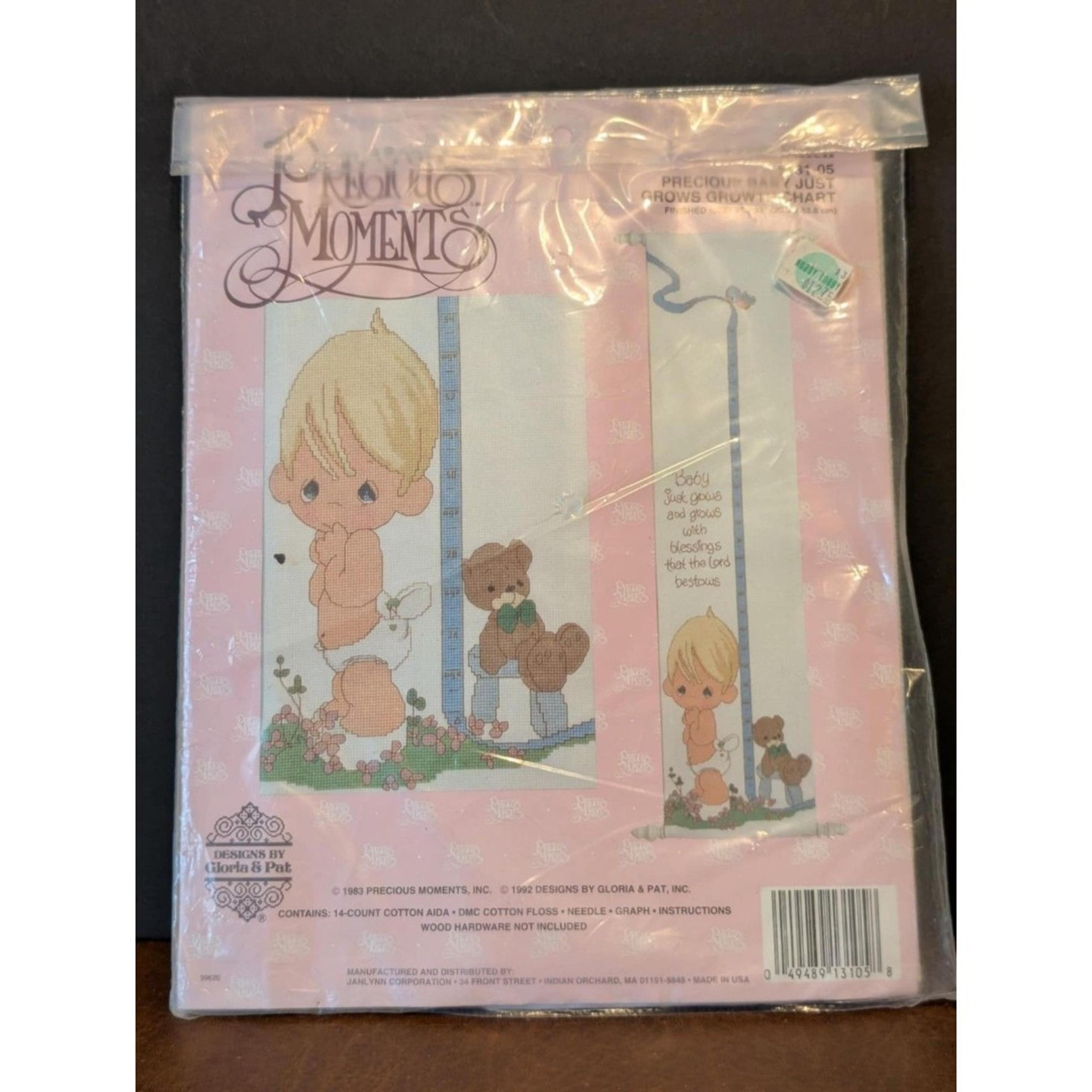 VTG Precious Moments Baby Just Grows Growth Chart Counted Cross Stitch 1992