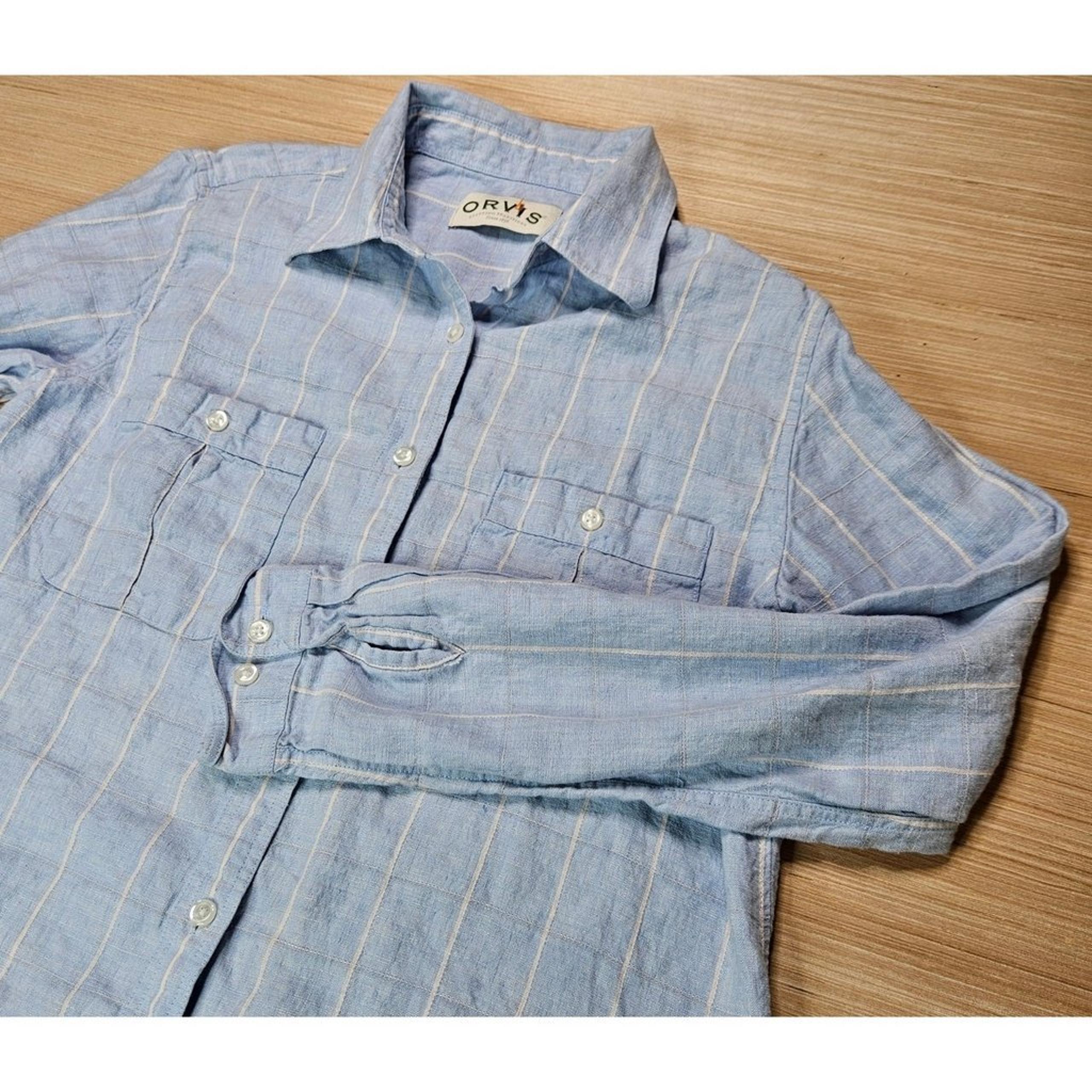 Orvis Button Down Shirt Womens Size M Linen Blue Outdoor Hiking Normcore Lorde