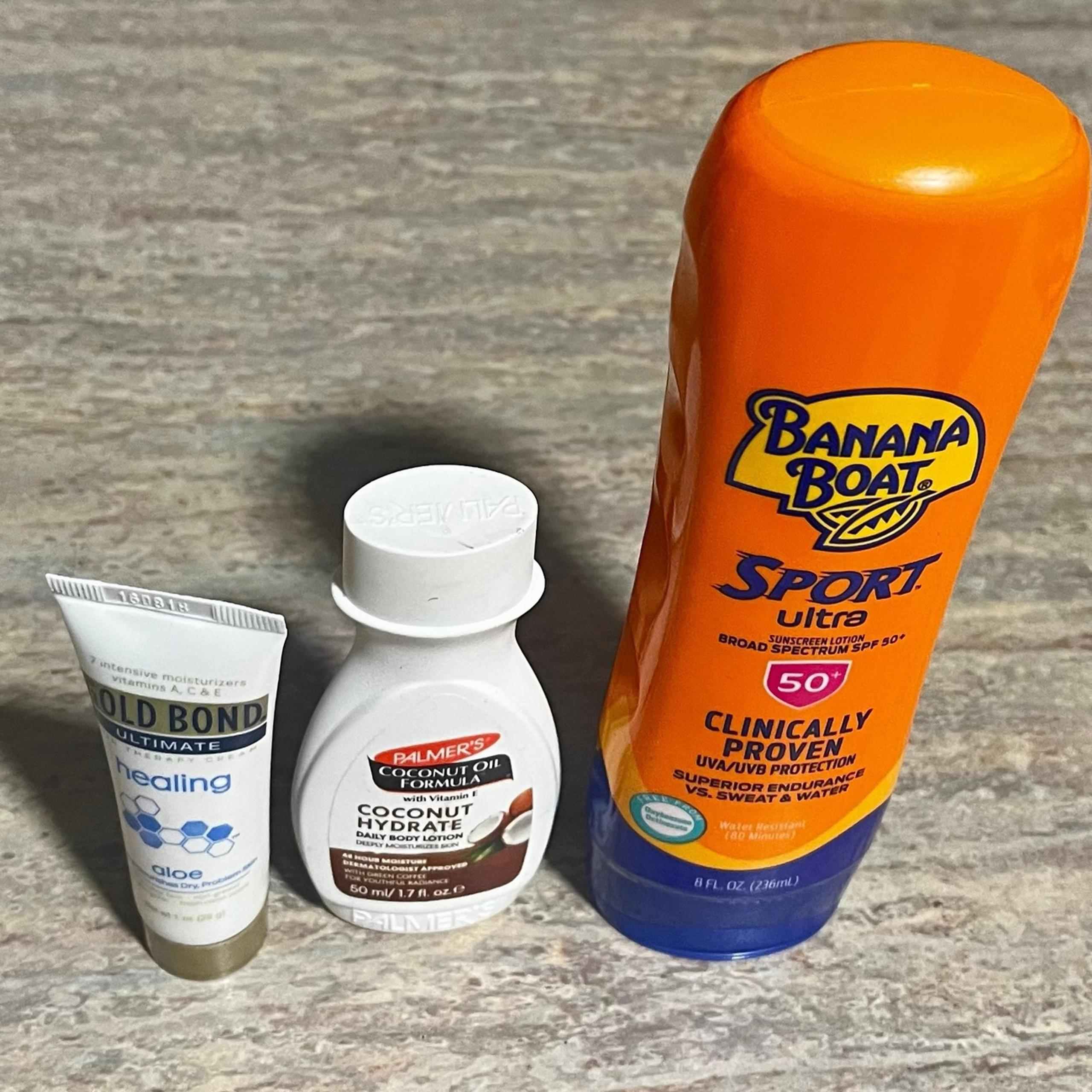 New Banana Boat Sport sunscreen lotion SPF 50+, Palmers Coconut lotion & lotion