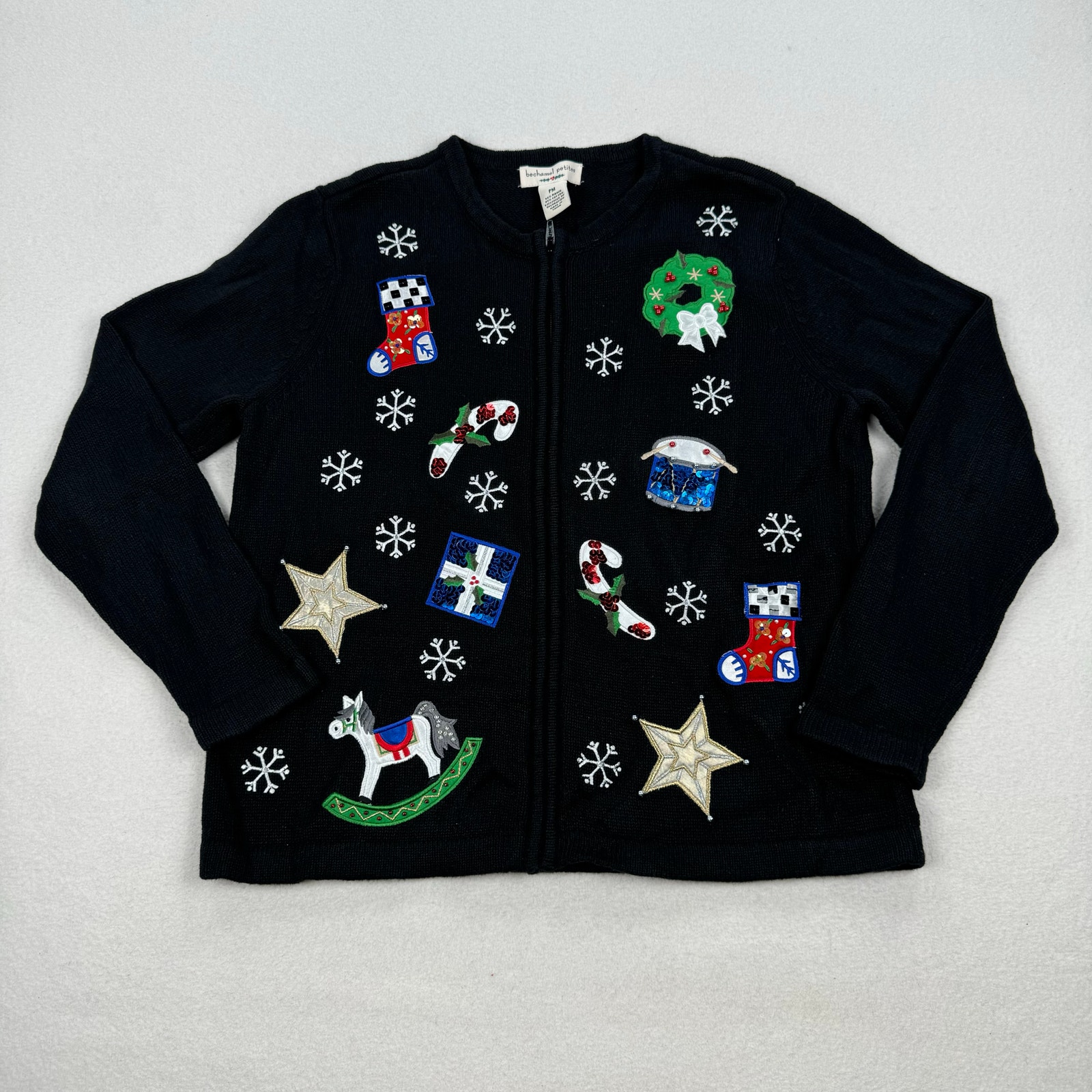Vintage Christmas Sweater Sz Medium Black Zip Up Cardigan Snow Presents Stocking