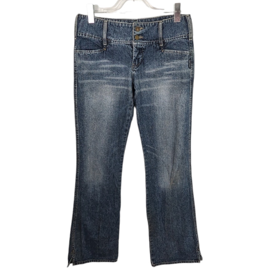 Vintage Silver Jeans Low Rise Flare Wide Waistband Distress Wash Long 30